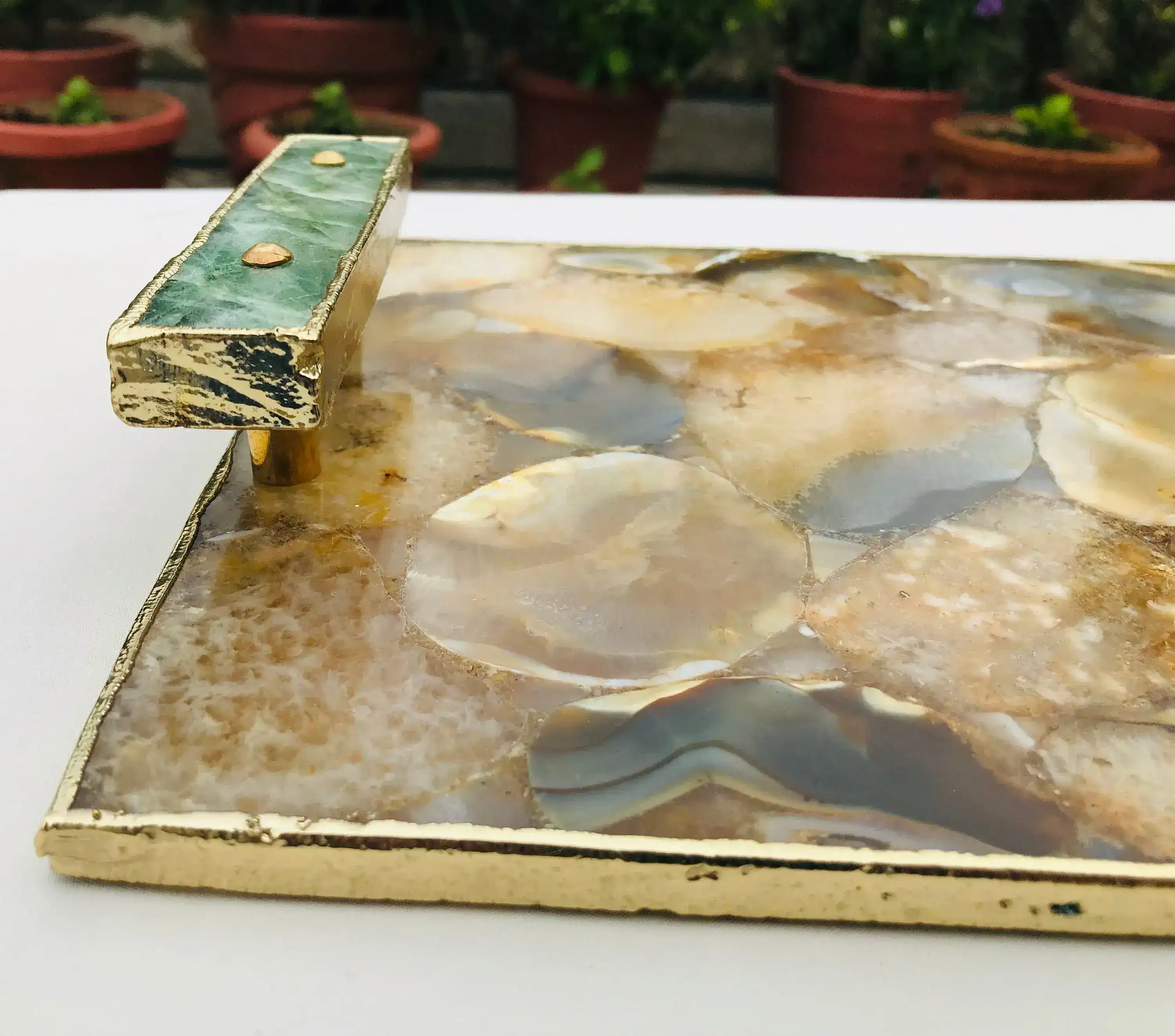 Brown Plated Agate Serving Tray With Green Agate Handles - Image 8