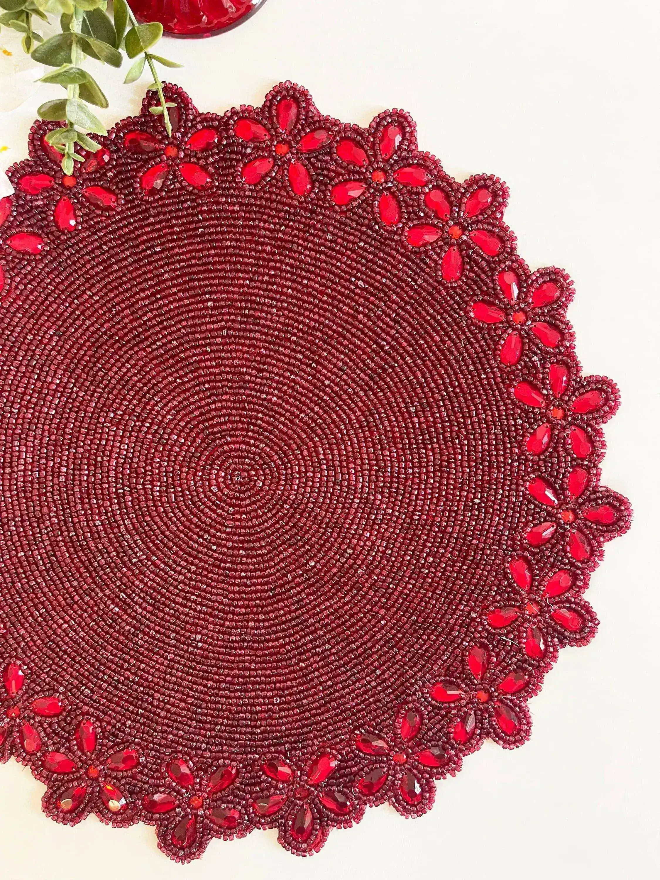 Burgundy Red Bead and Floral Crystal Round Placemat - Image 2