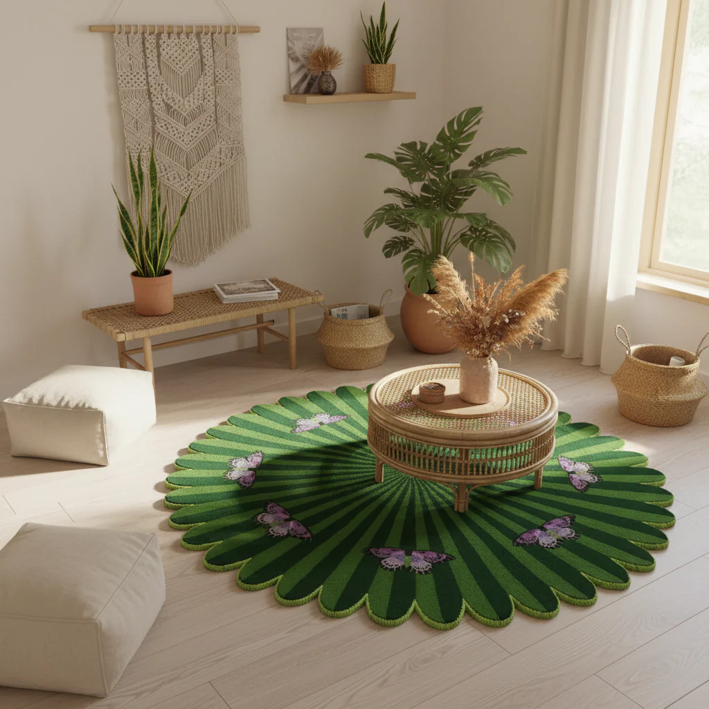 Butterflies over Flower Green Round Hand Tufted Wool Rug - Image 2