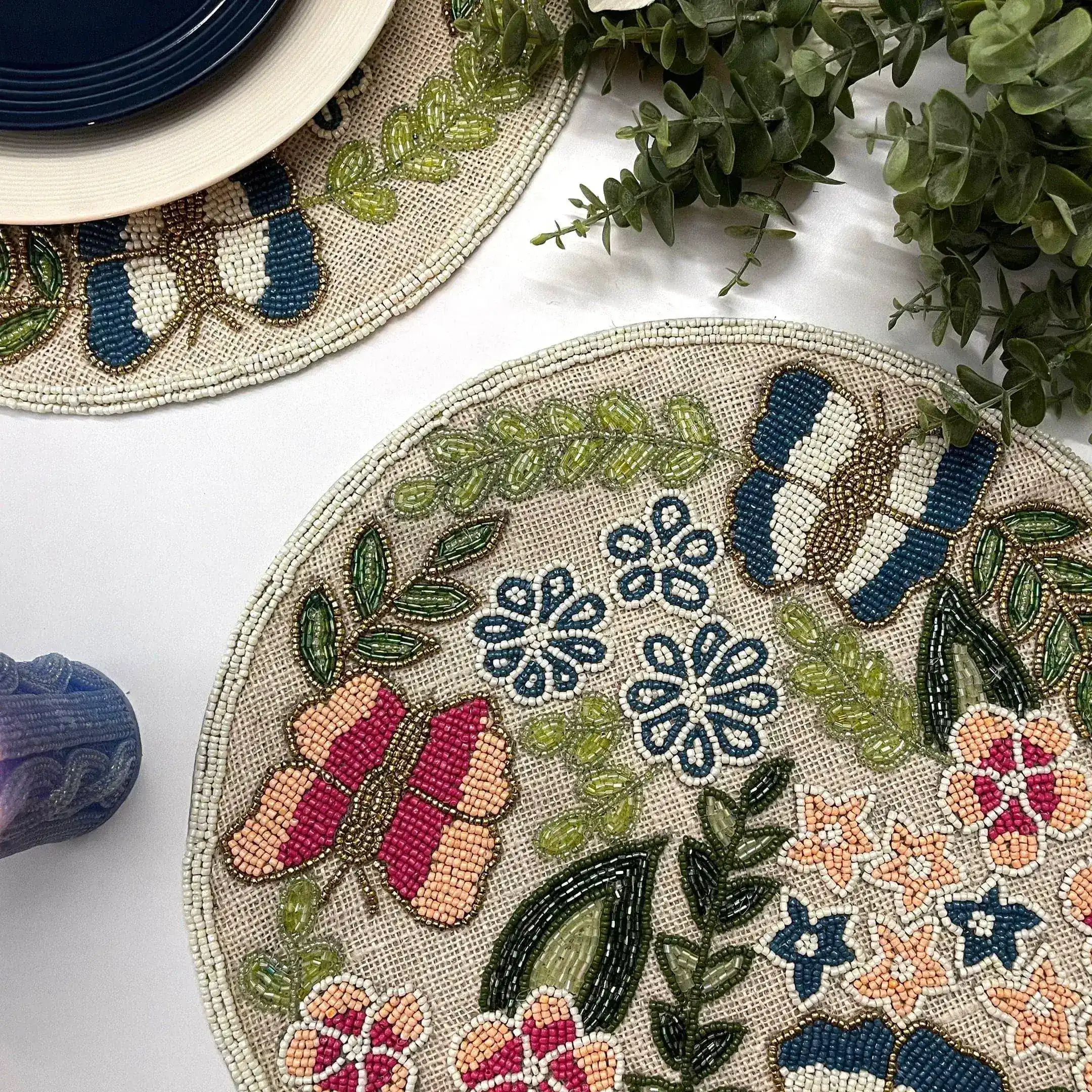 Butterfly and Flower Round Beaded Burlap Placemat - Image 5