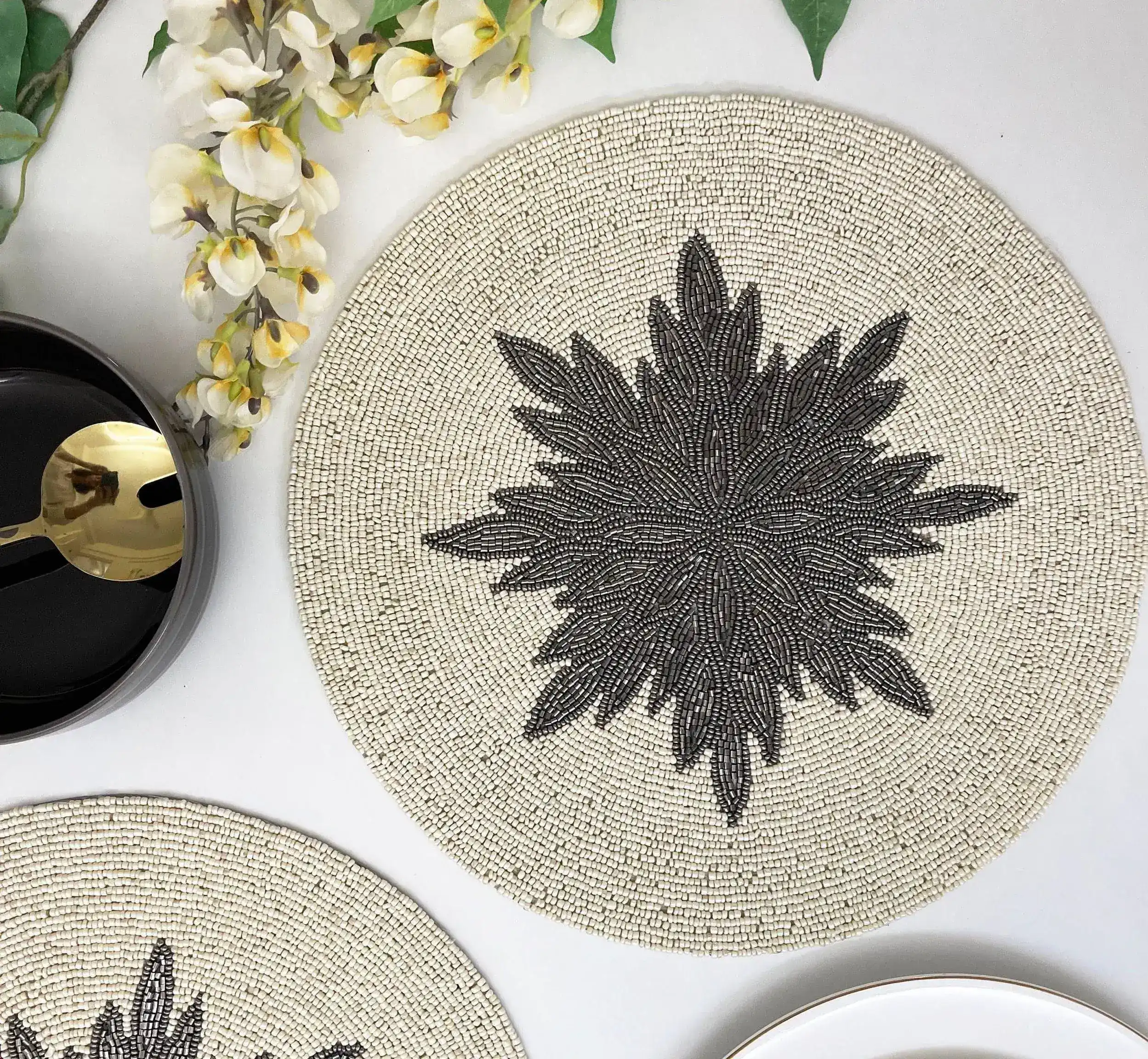 Charleen Round Beaded Placemat - White/Steel Gray - Image 5