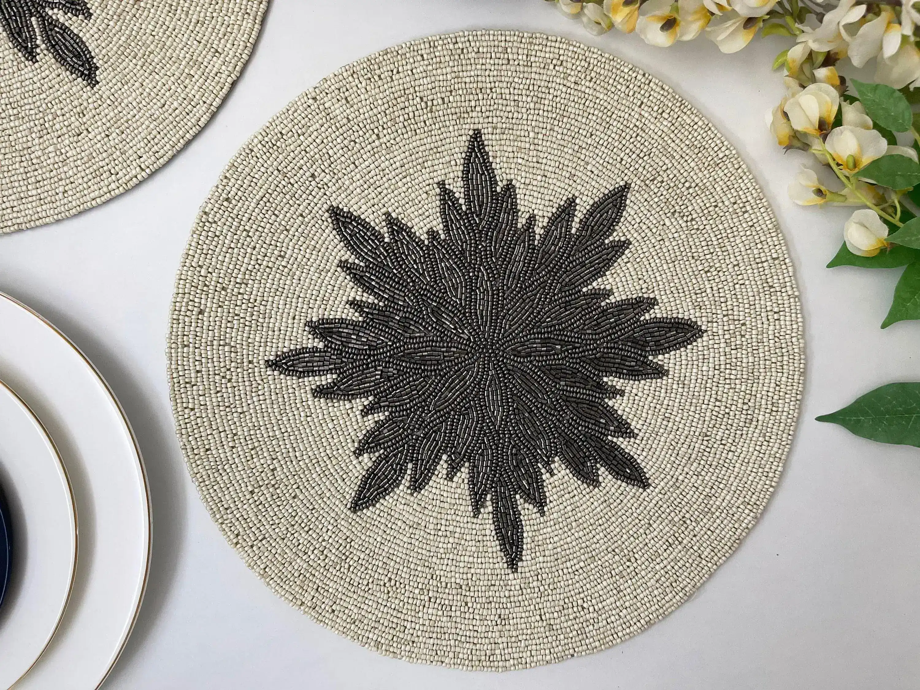 Charleen Round Beaded Placemat - White/Steel Gray - Image 7