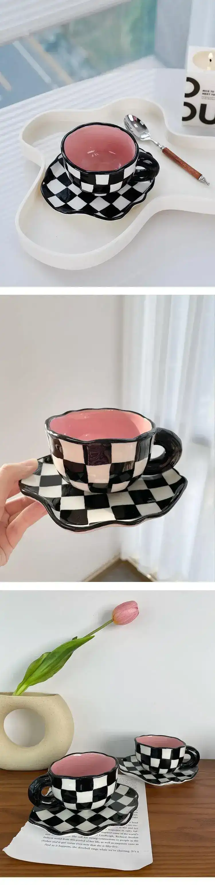 Checkerboard Ceramic Mug with Saucer - Image 3