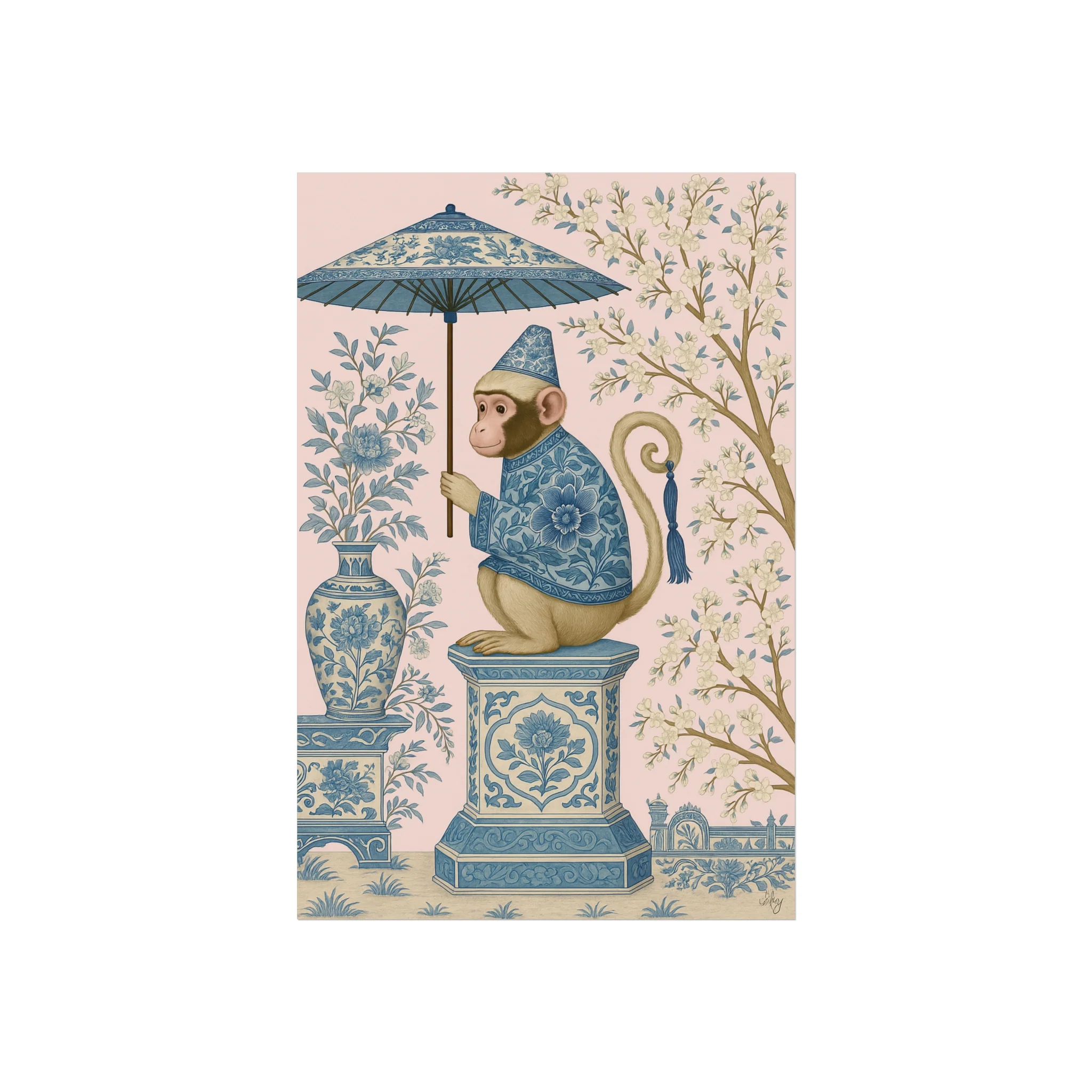 Chinoiserie Blue Monkey on Pedestal Fine Art Poster - Image 2