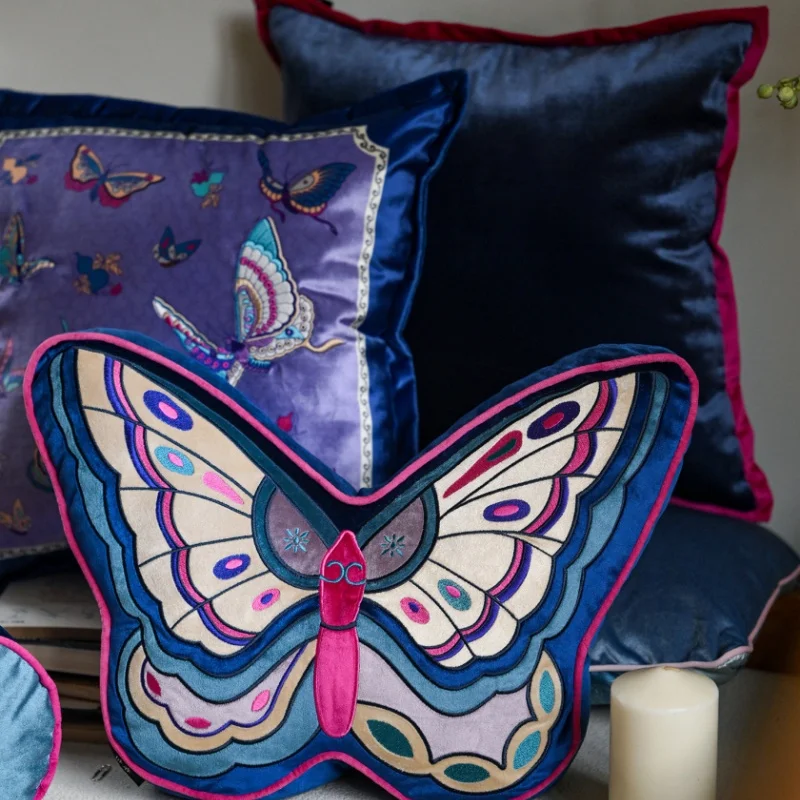 Chinoiserie Butterfly Purple & Blue Velvet Embroidered Throw Pillow - Image 2