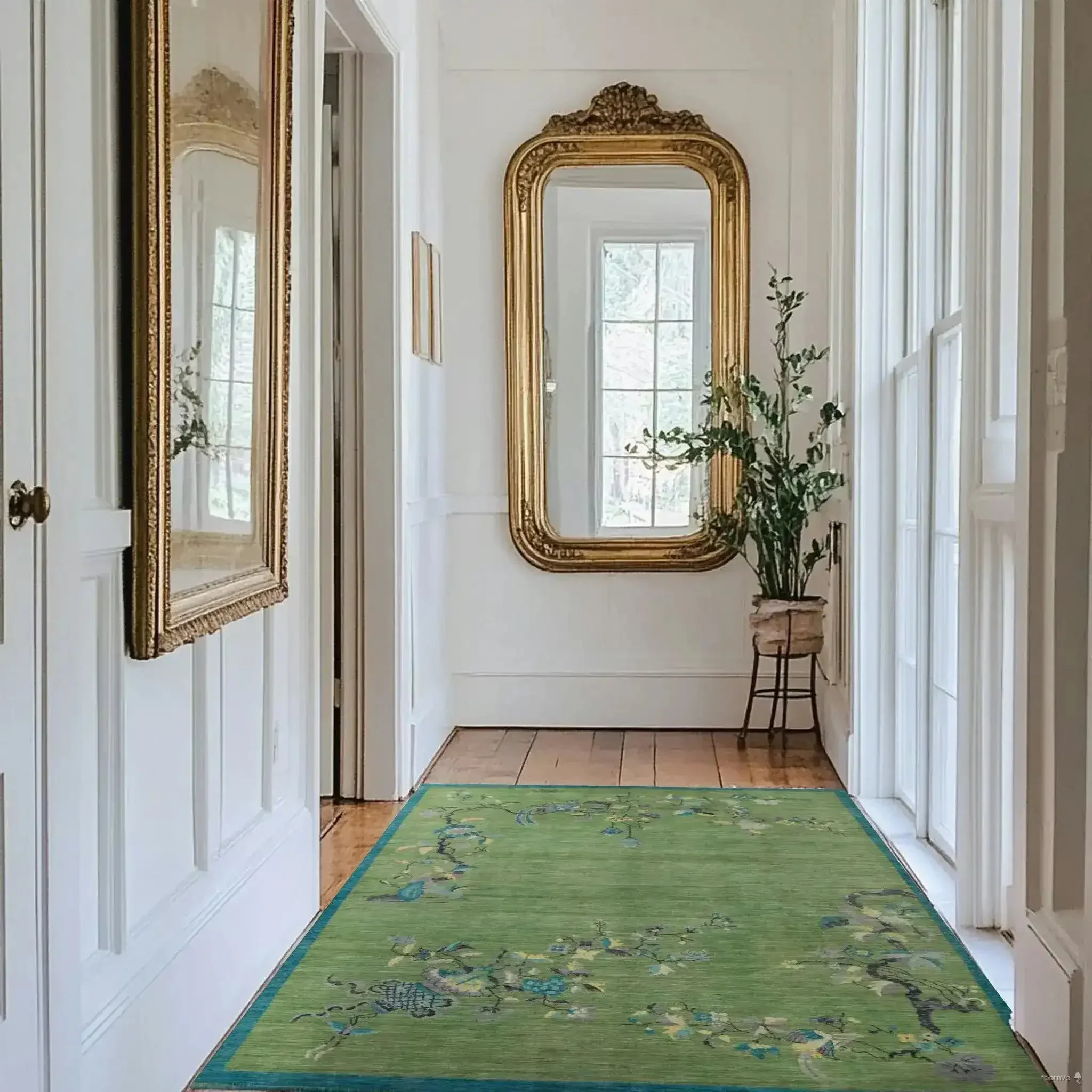 Chinoiserie Peacock in Green Field Wool Hand Knotted Area Rug - Image 3