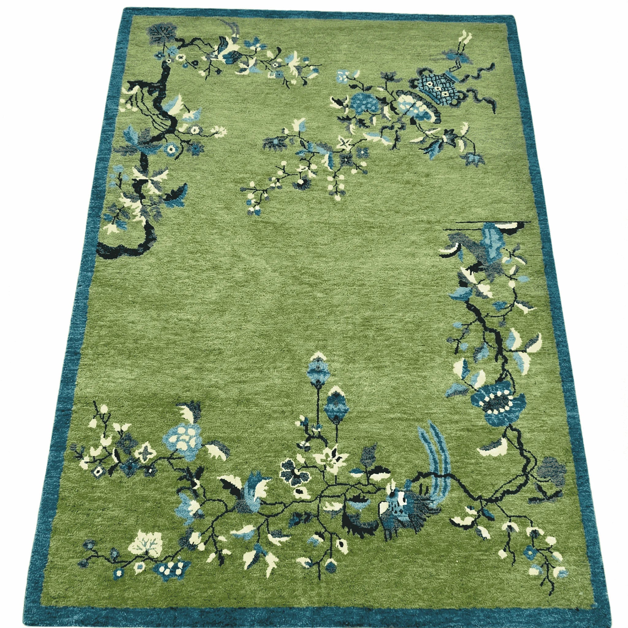 Chinoiserie Peacock in Green Field Wool Hand Knotted Area Rug - Image 11