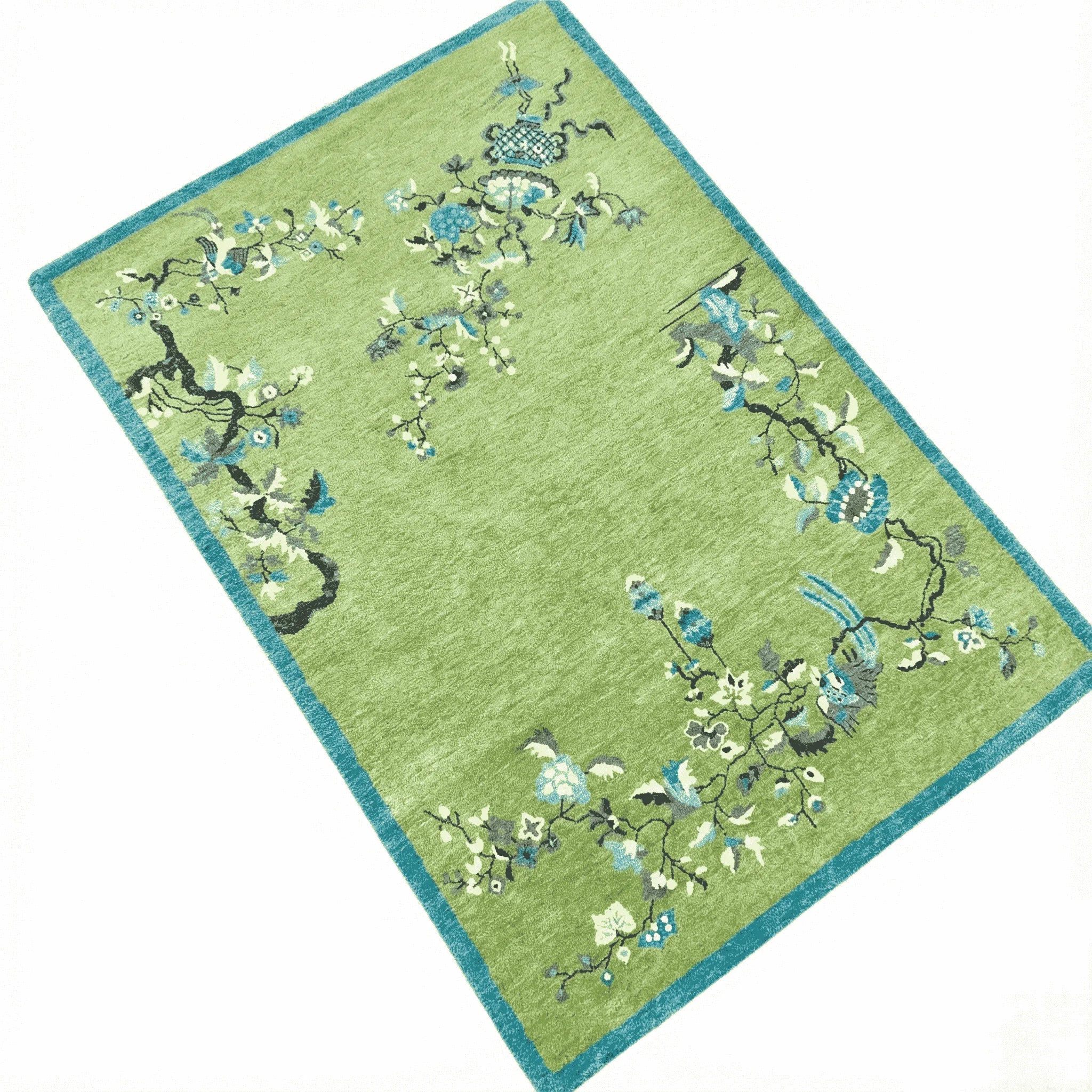 Chinoiserie Peacock in Green Field Wool Hand Knotted Area Rug - Image 7