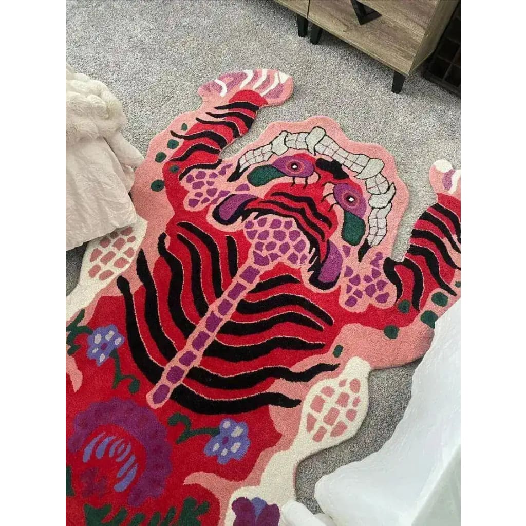 Chinoiserie Pink Tibetan Tiger Tufted Wool Rug - Image 5