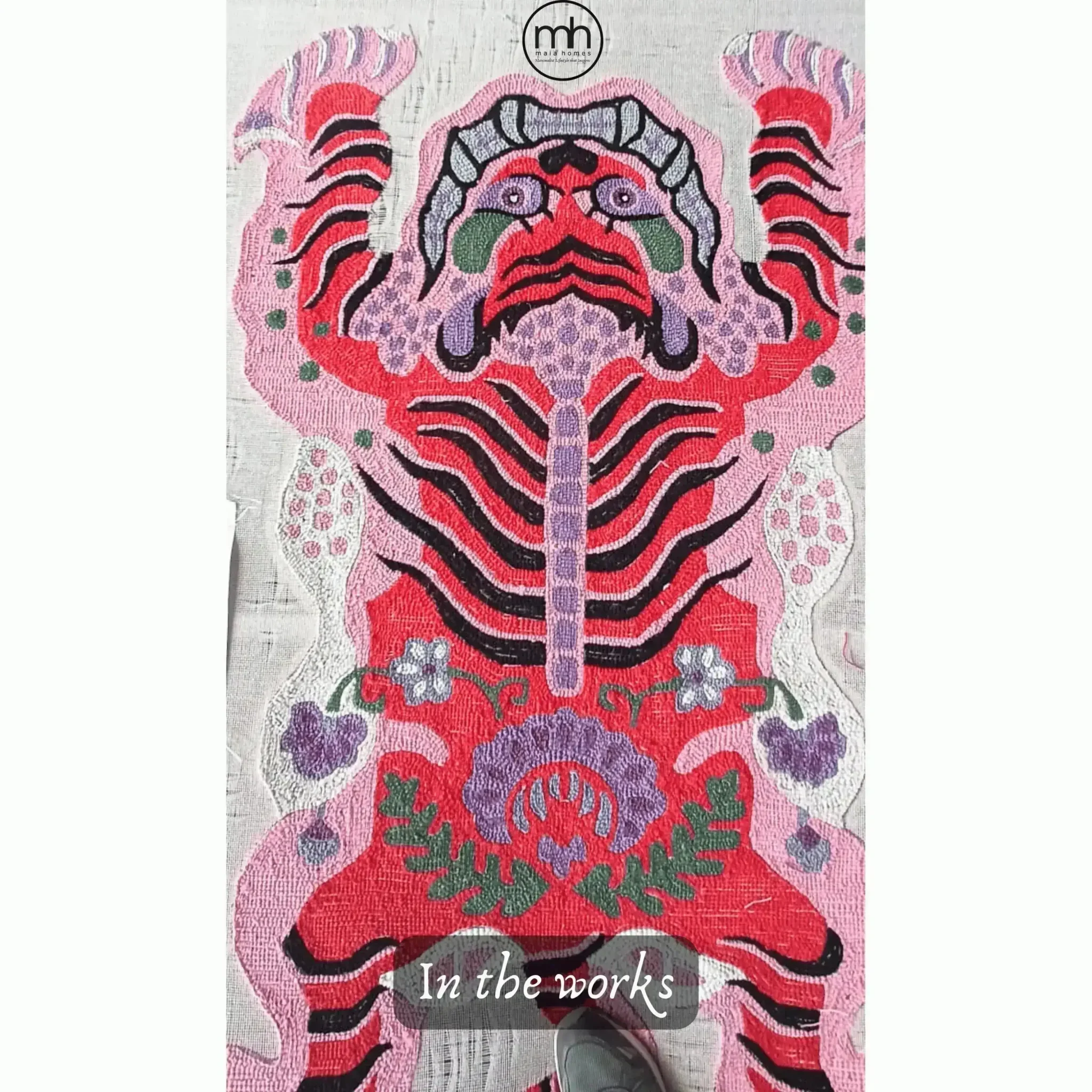 Chinoiserie Pink Tibetan Tiger Tufted Wool Rug - Image 7