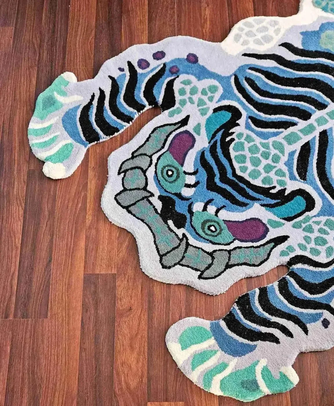 Chinoiserie Tibetan Tiger Hand Tufted Wool Rug - Blue - Image 4