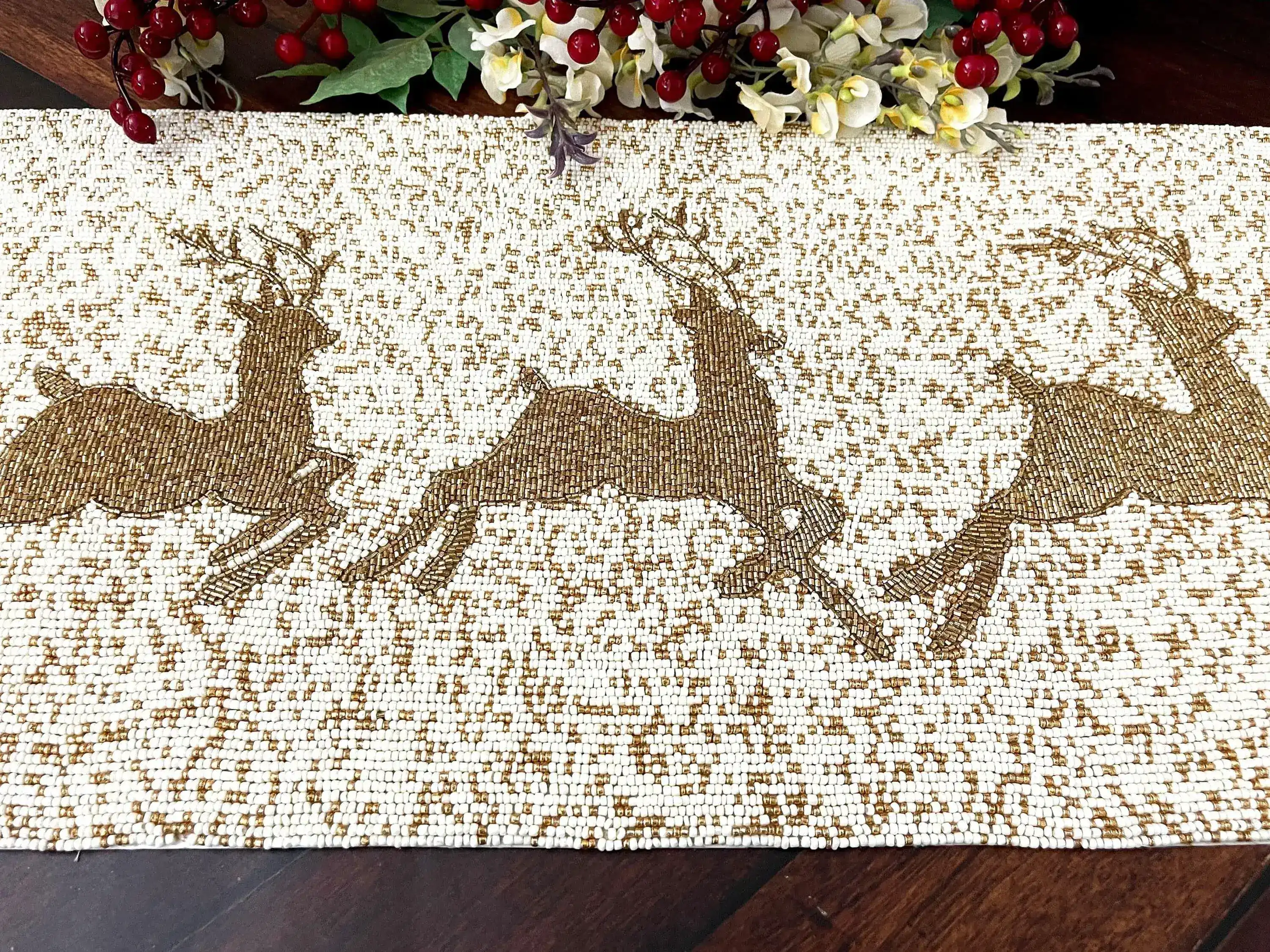 Christmas Golden Reindeer Beaded Table Runner - Image 3