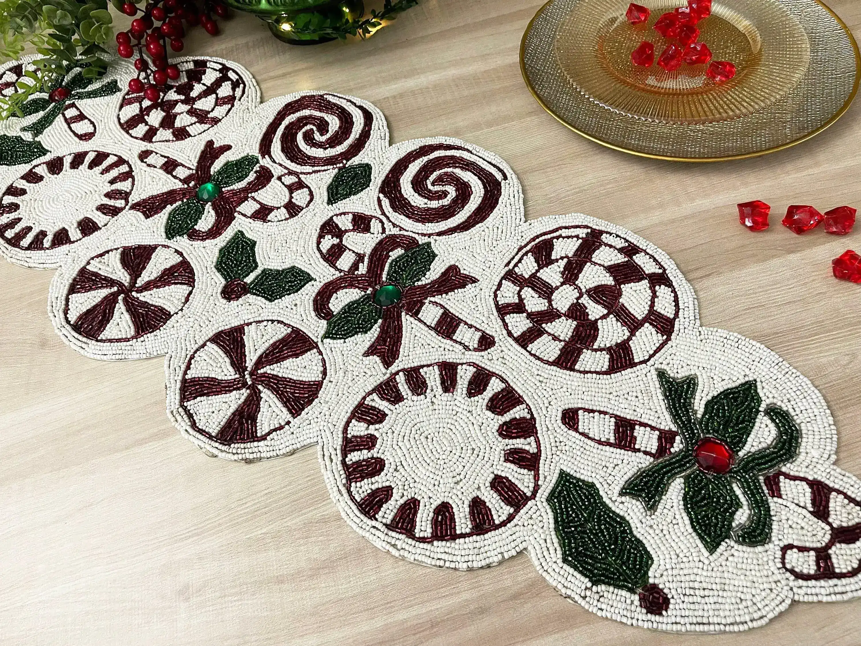 Christmas Ornament Beaded Table Runner