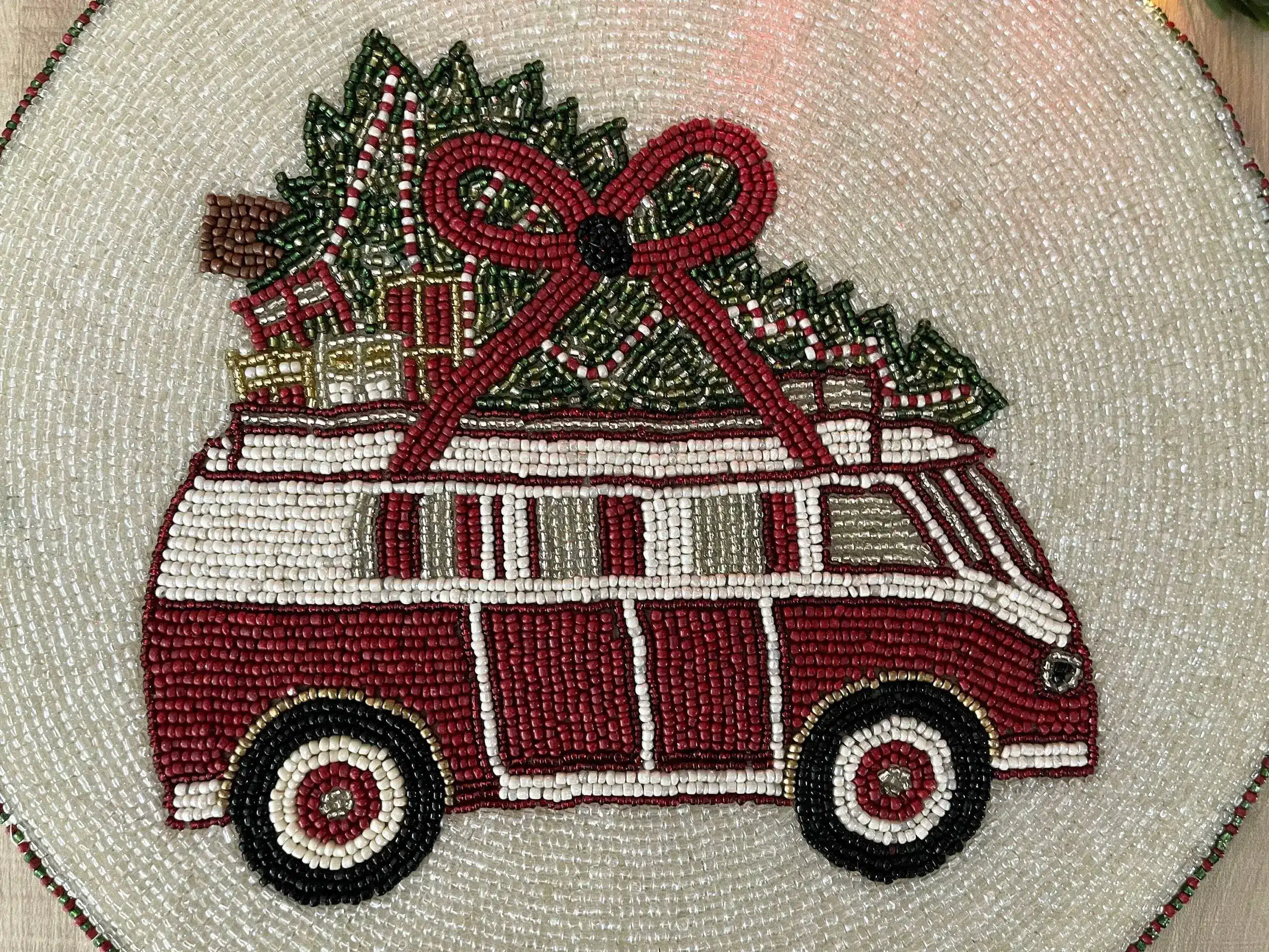 Christmas Red Volkswagen Van Round Beaded Placemat - Set of 6 - Image 4