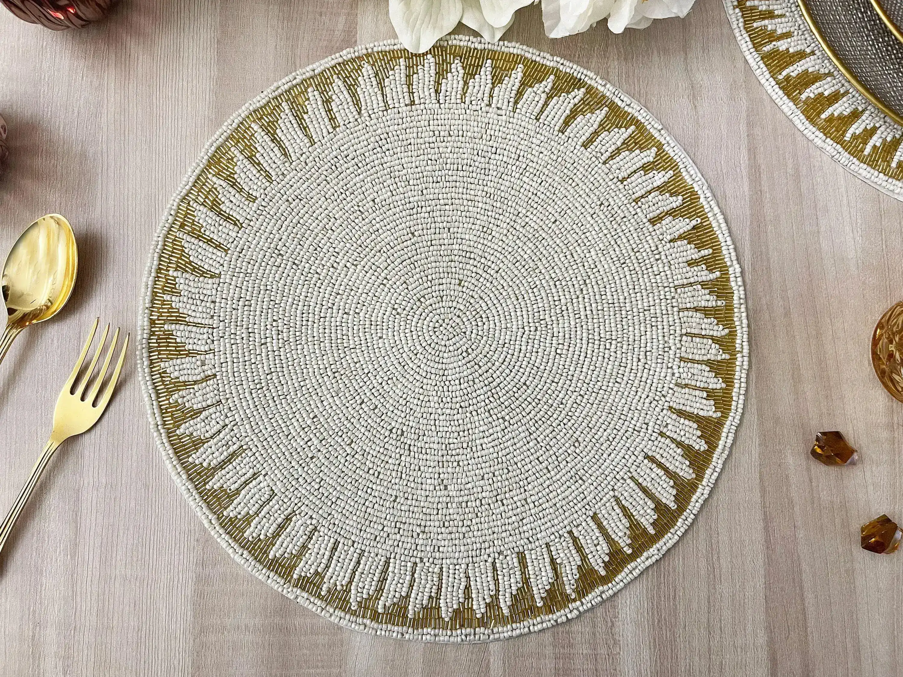 Christy Gold and White Round Beaded Placemat - Image 3