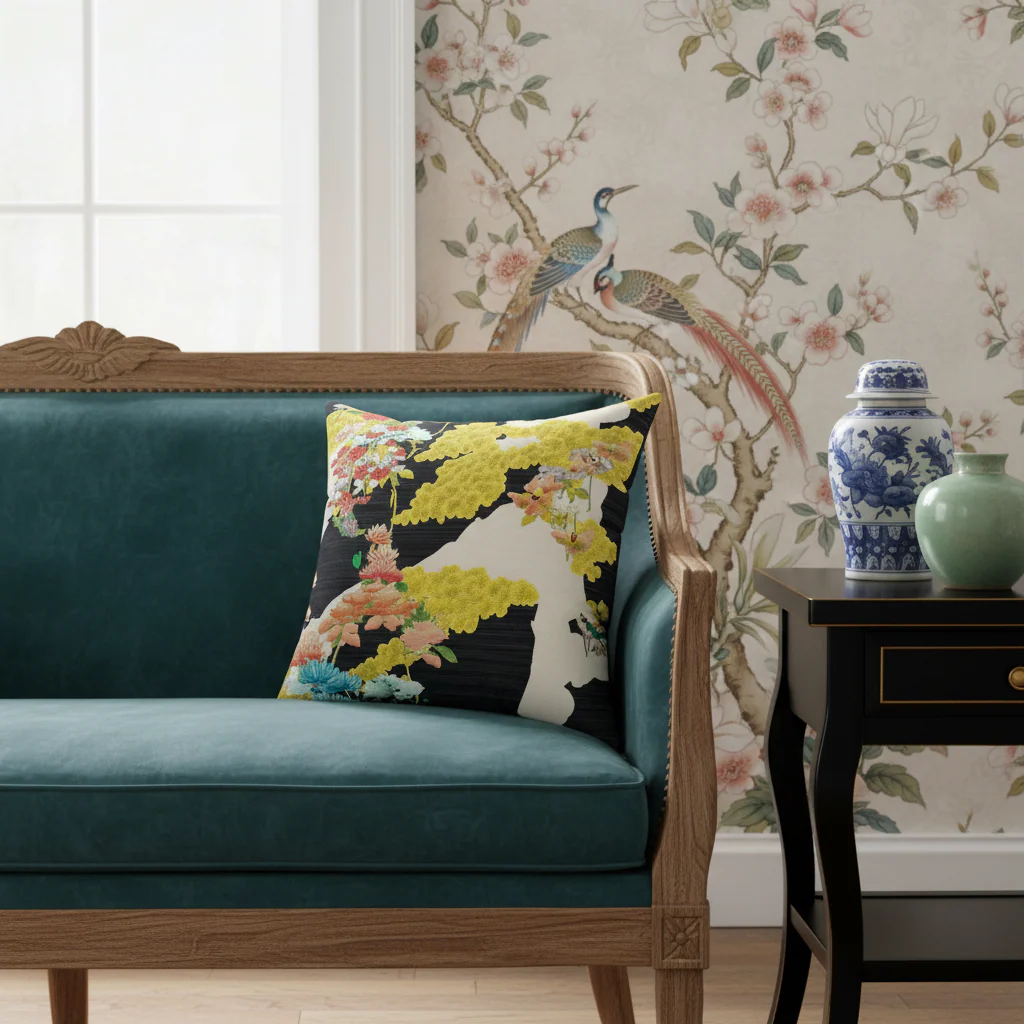 Chrysanthemum River Garden Throw Pillow - Image 2
