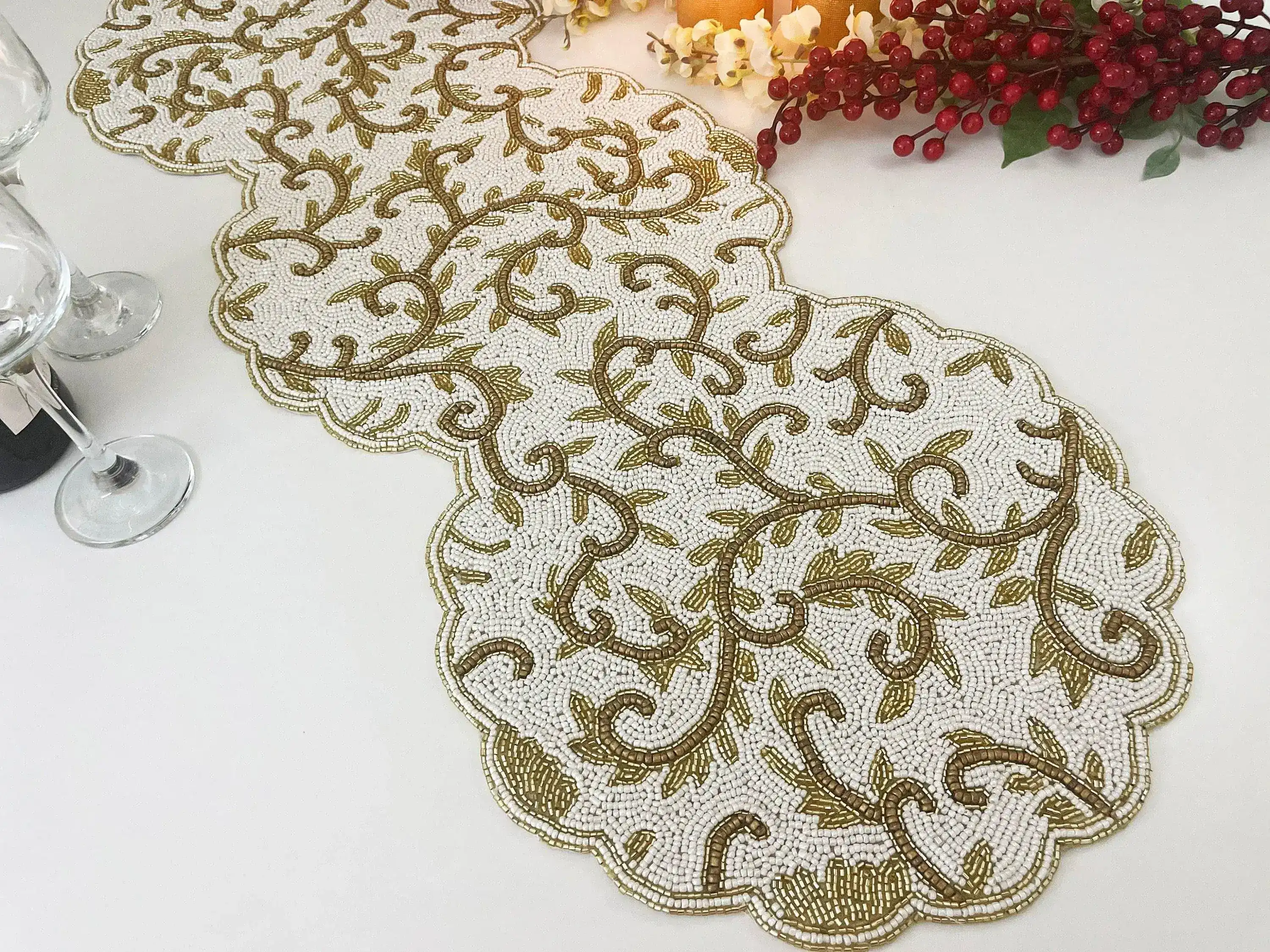 Classic Floral Motif Beaded Table Runner - White/Gold