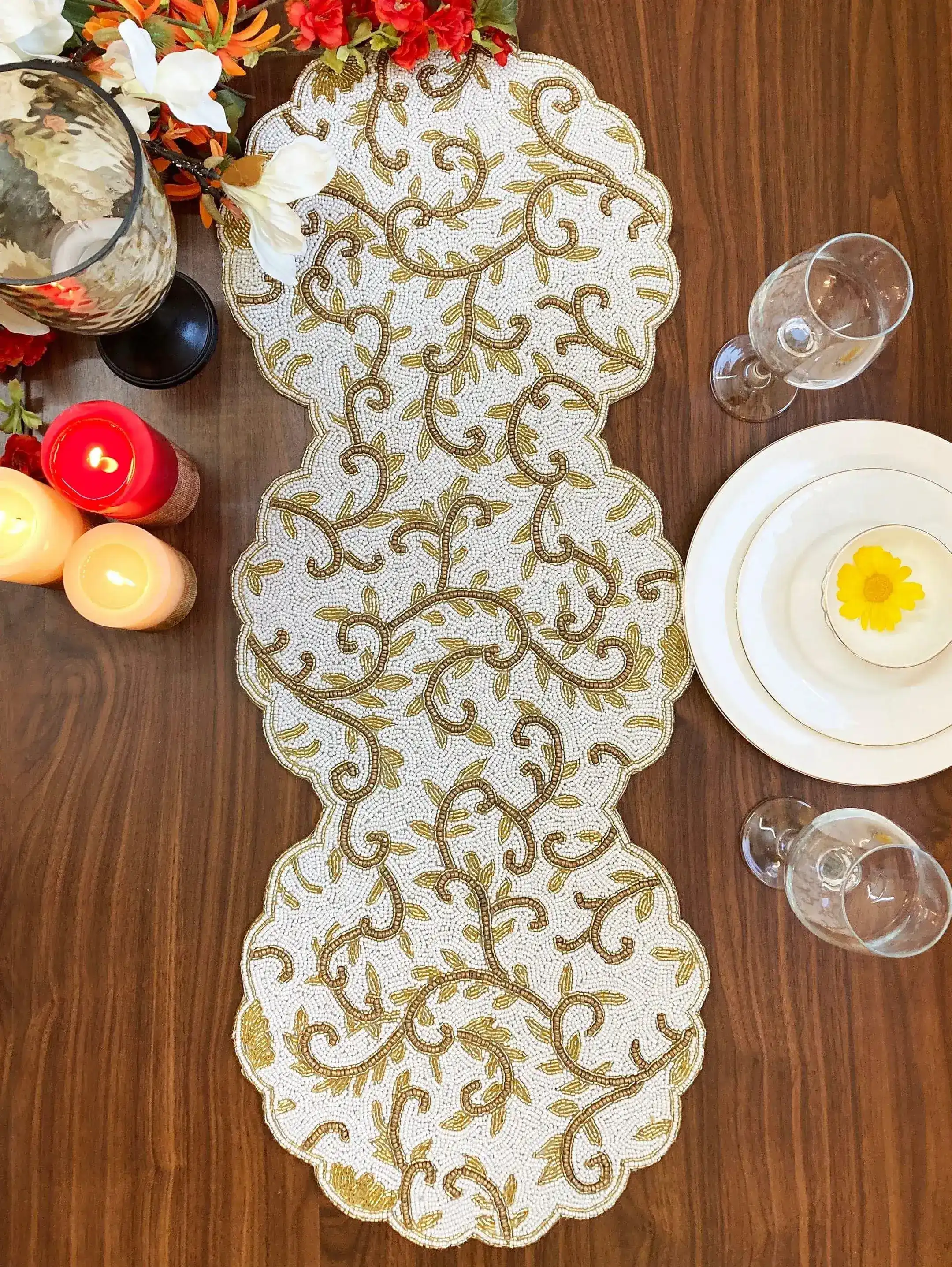 Classic Floral Motif Beaded Table Runner - White/Gold - Image 2