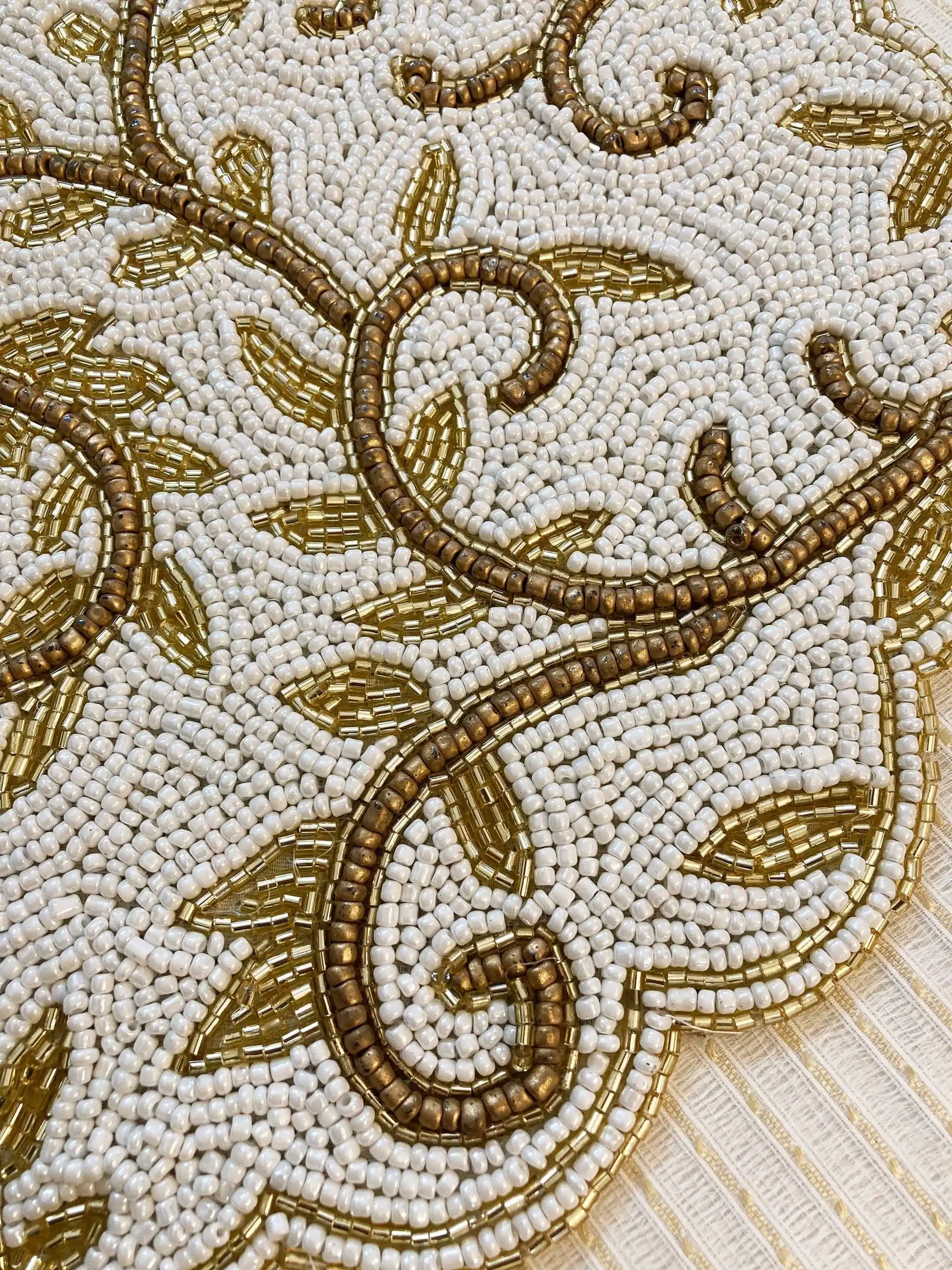 Classic Floral Motif Beaded Table Runner - White/Gold - Image 6