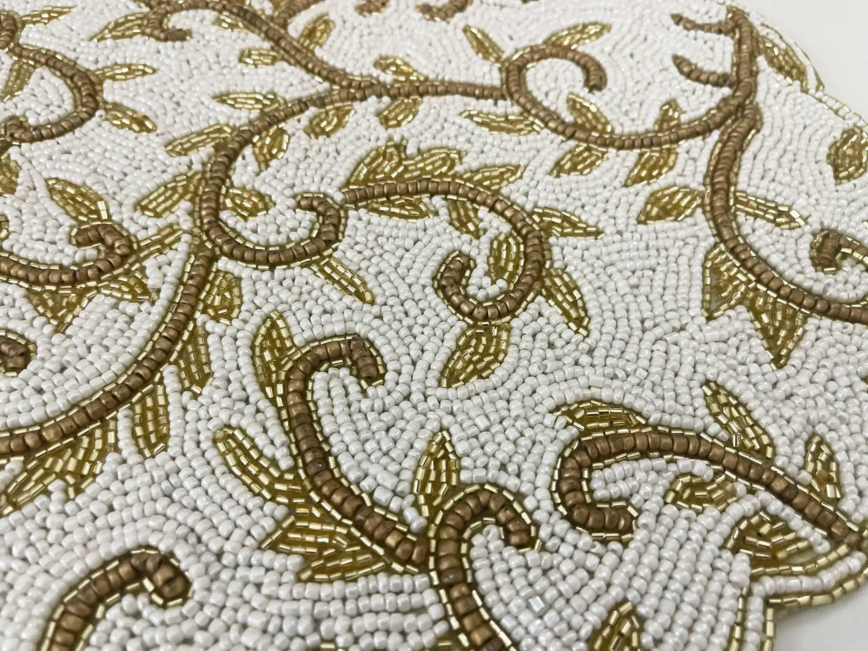 Classic Floral Motif Beaded Table Runner - White/Gold - Image 8