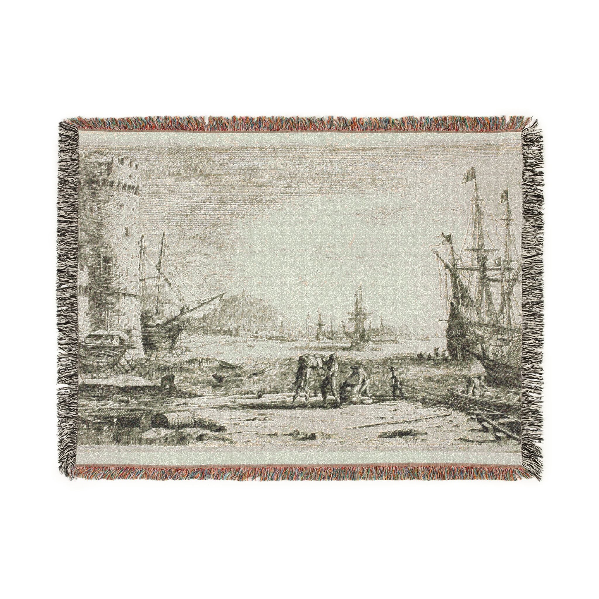Claude Lorrain - Harbor with a Large Tower | Woven Tapestry Blanket - Image 10