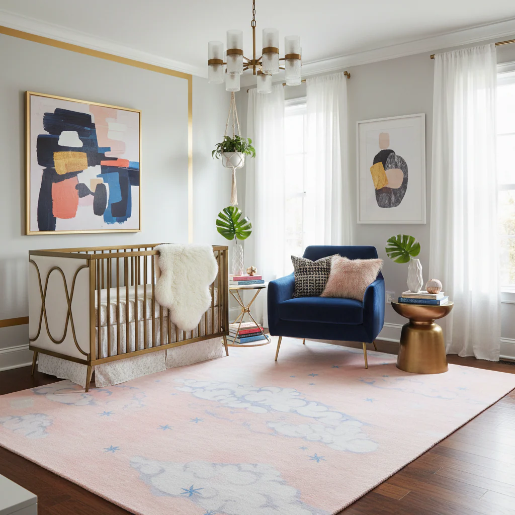 Clouds and Star Pink Sky Hand Tufted Wool Rug - Image 3