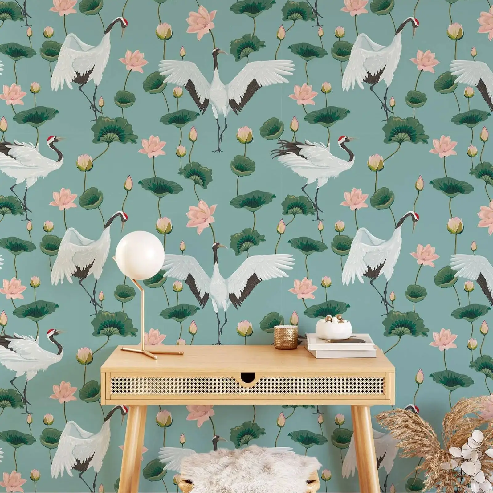 Cranes and Lotus Chinoiserie Wallpaper - Image 3