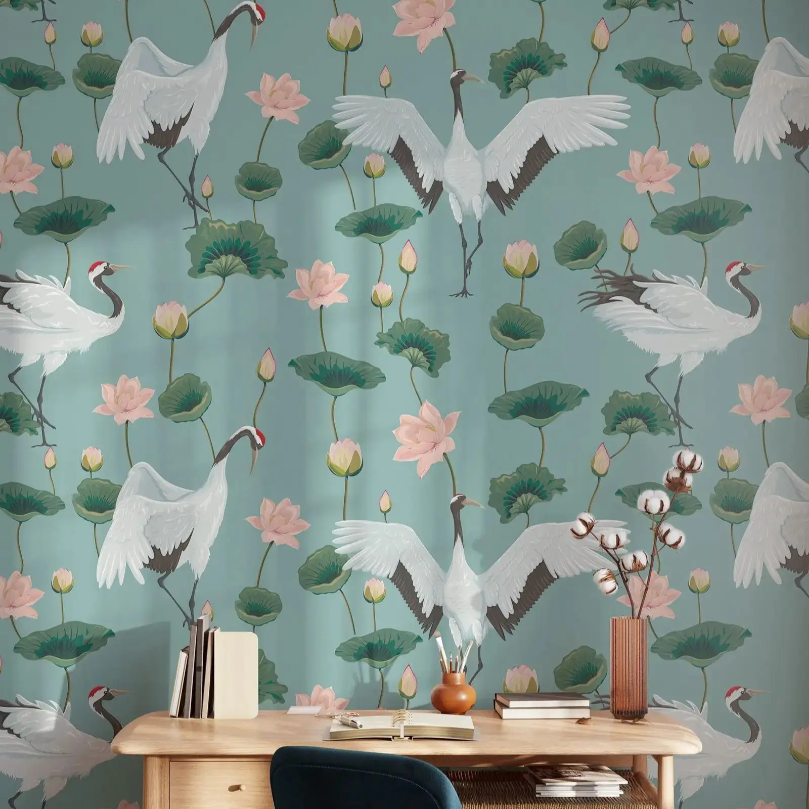 Cranes and Lotus Chinoiserie Wallpaper - Image 4