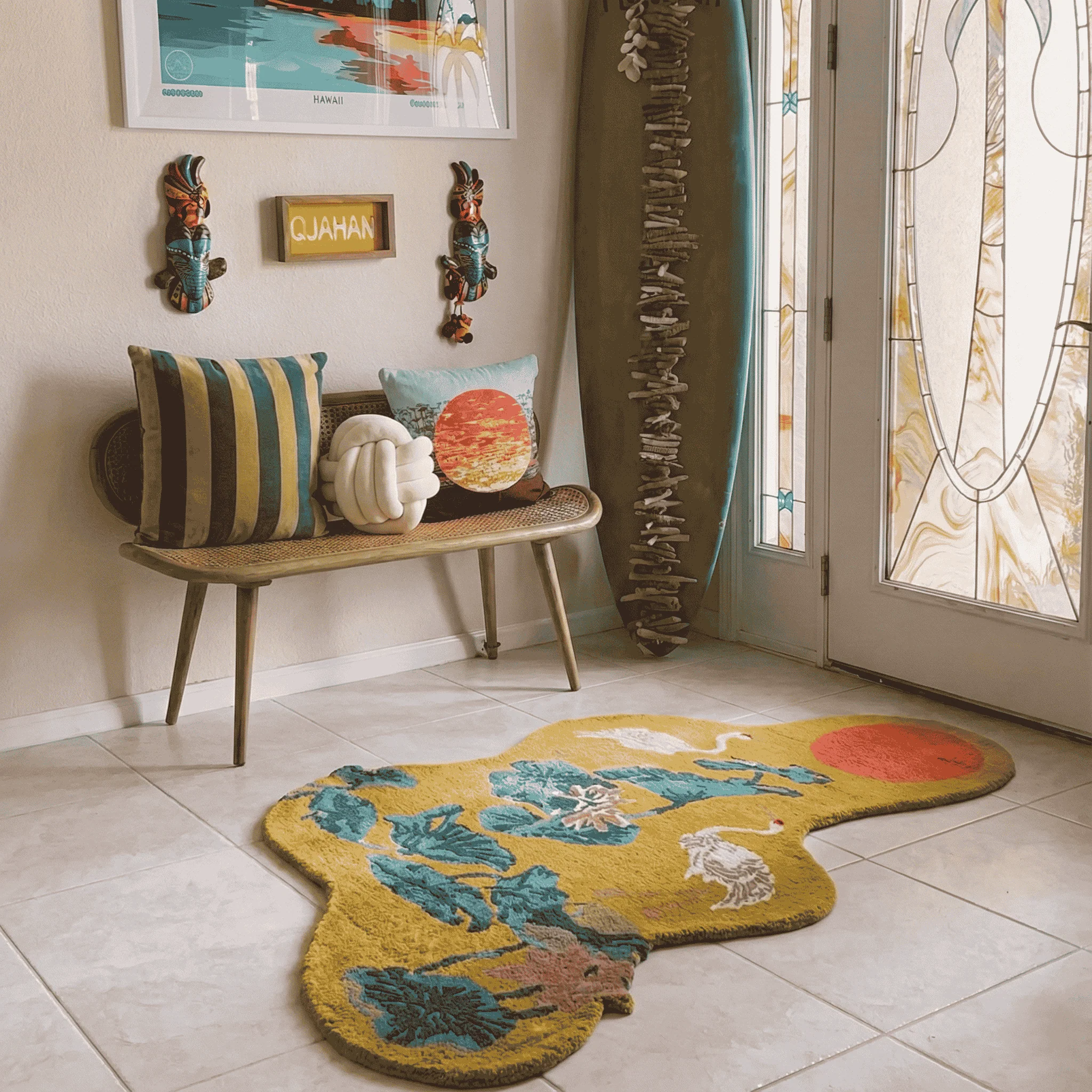 Cranes and Lotus in a Sunny Pond Hand Tufted Rug - Image 3