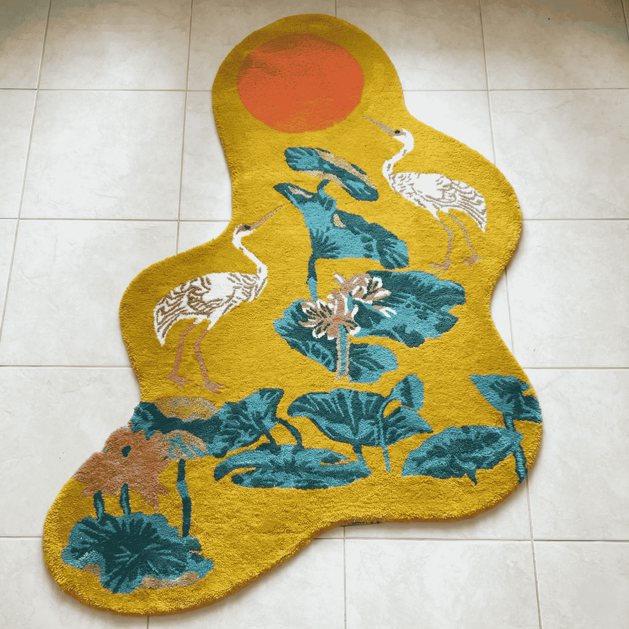 Cranes and Lotus in a Sunny Pond Hand Tufted Rug - Image 5