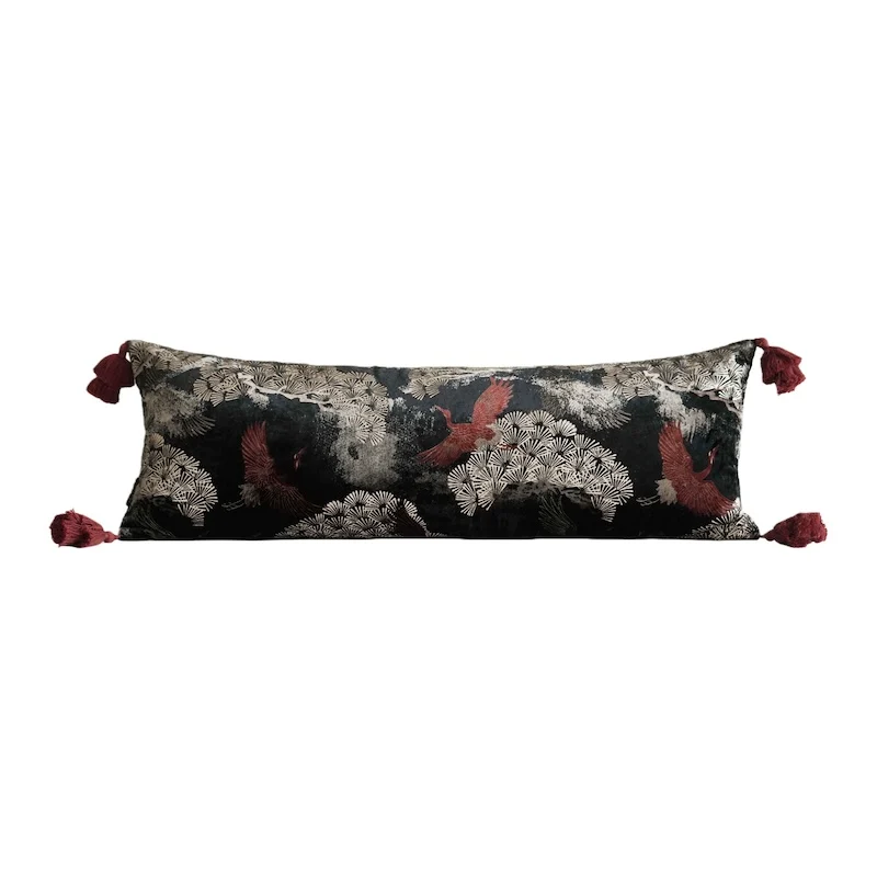 Crimson Crane Velvet Embroidered Throw Pillow