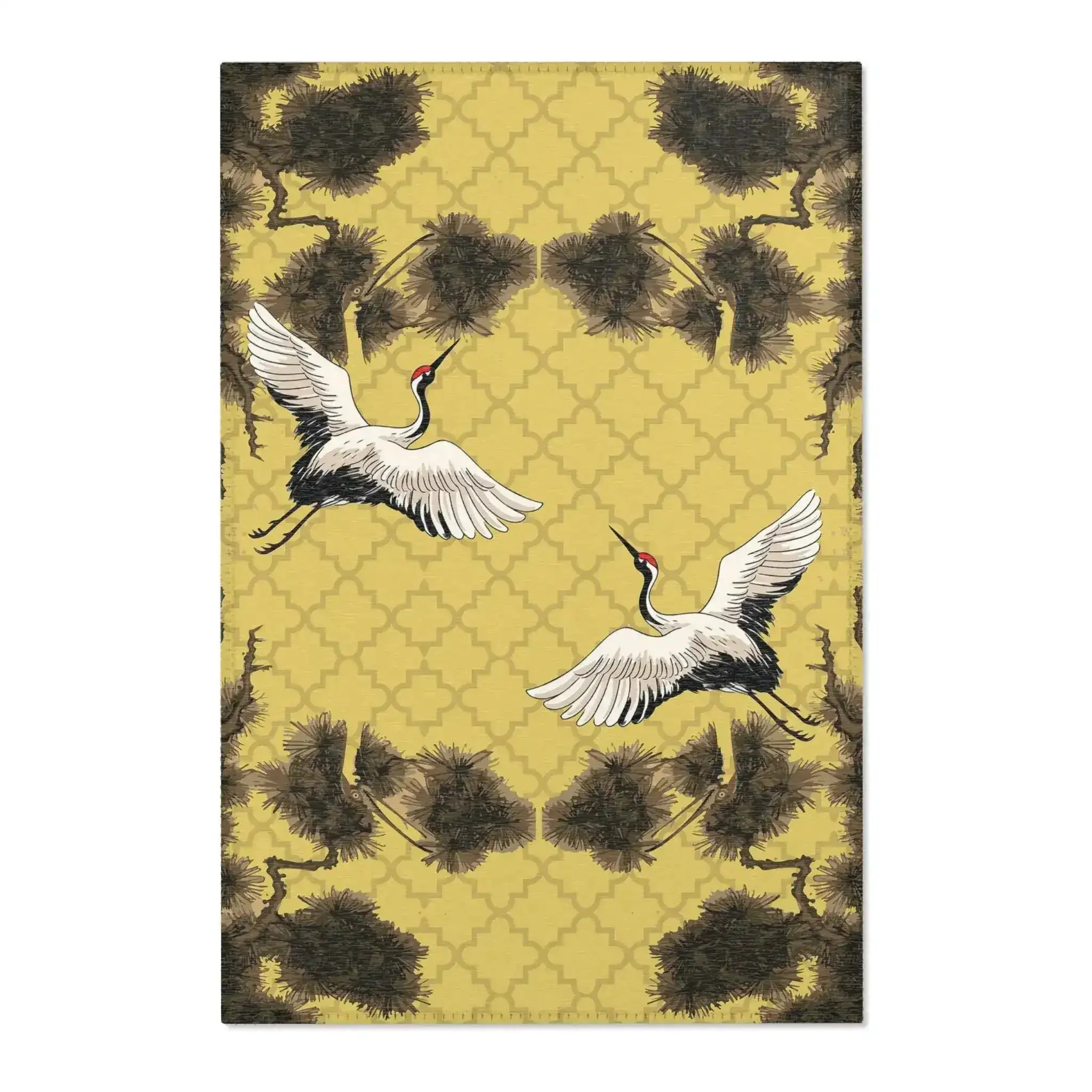 Dancing Cranes on Golden Lattice Accent Rug - Image 2
