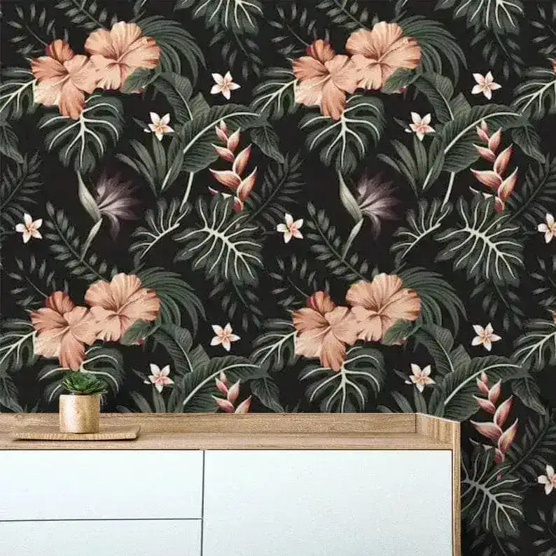 Dark and Blush Tropical Morning Flowers Floral Wallpaper - Image 2