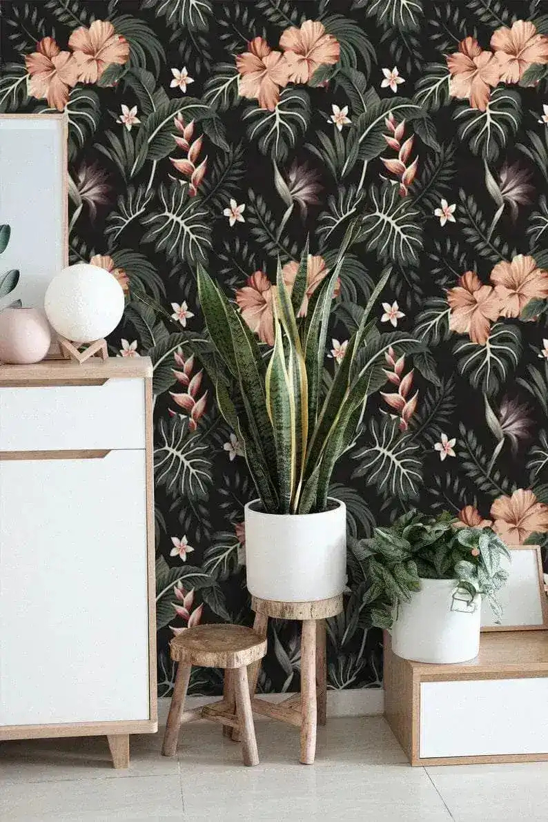 Dark and Blush Tropical Morning Flowers Floral Wallpaper - Image 7