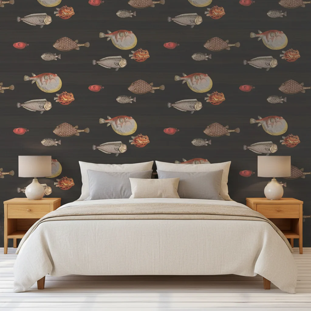 Dark Brown Scandinavian Sea Fish Wallpaper - Image 2