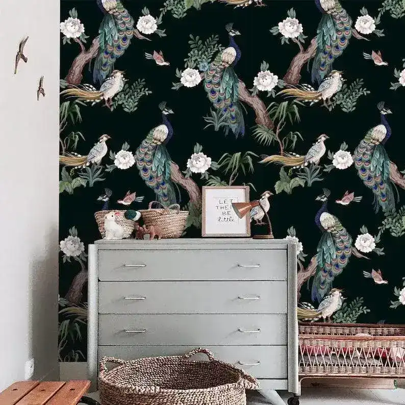 Dark Chinoiserie Peacocks on Tree Branches Wallpaper - Image 3