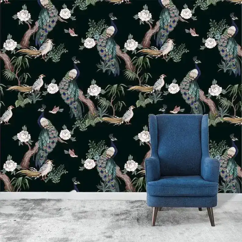 Dark Chinoiserie Peacocks on Tree Branches Wallpaper - Image 4