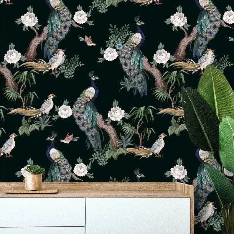 Dark Chinoiserie Peacocks on Tree Branches Wallpaper - Image 5