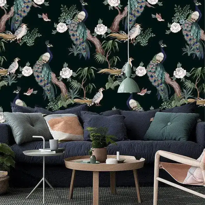 Dark Chinoiserie Peacocks on Tree Branches Wallpaper - Image 6