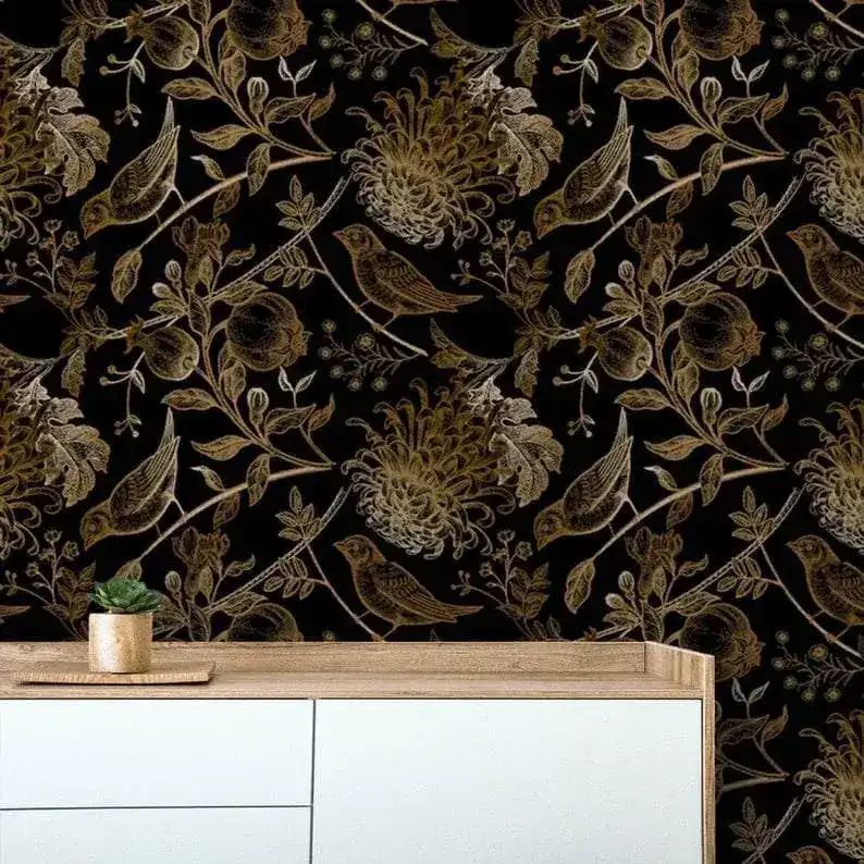 Dark Golden Birds and Botanical Floral Wallpaper - Image 3