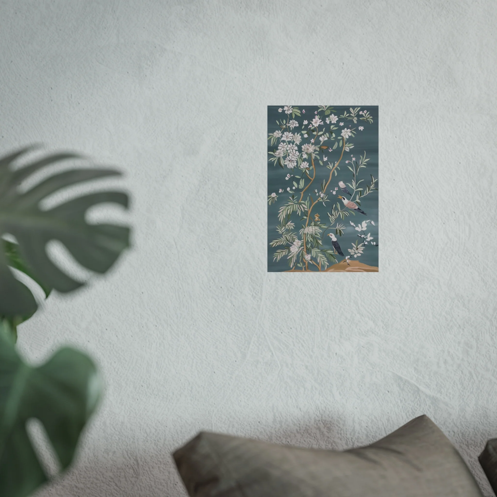 Dark Gray Chinoiserie Birds and Floral Scene Fine Art Poster - Image 19