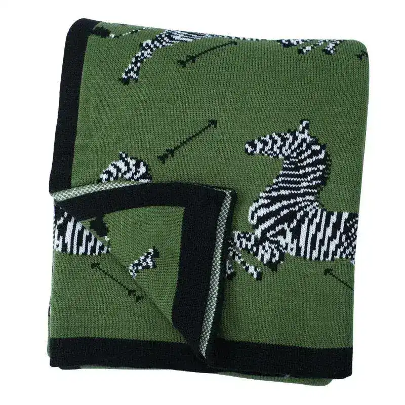 Dark Green Zebra Knitted Cotton Blanket with Black Fringes - Image 6