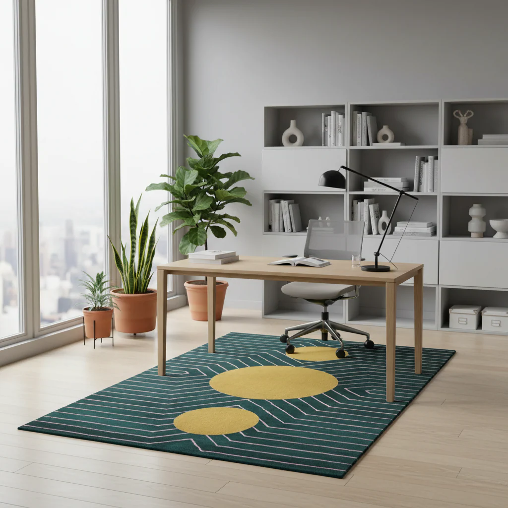 Dark Teal Golden Geometric Hand Tufted Wool Rug - Image 5