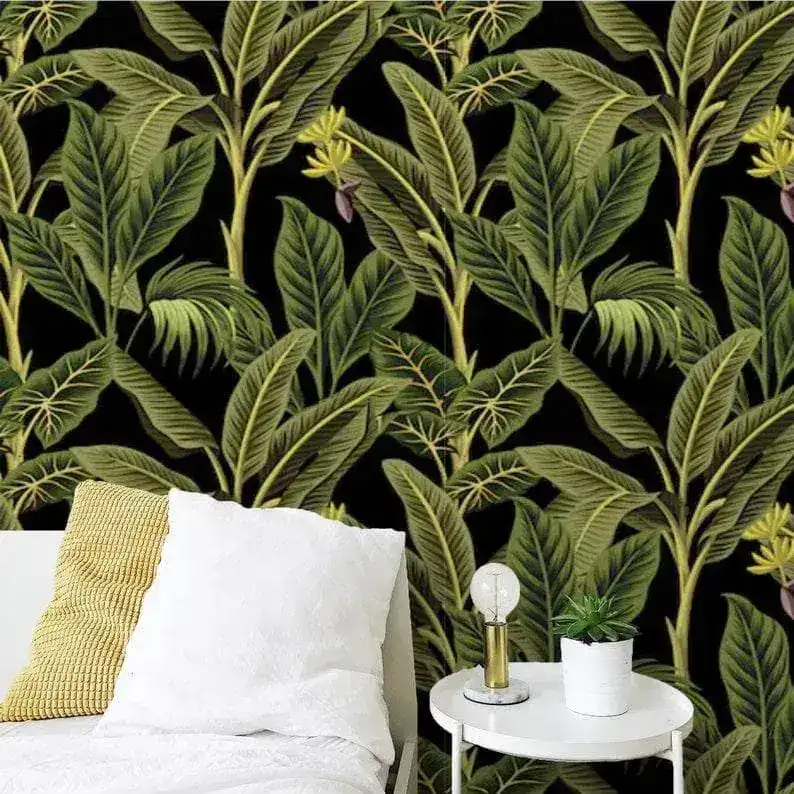 Dark Tropical Banana and Palm Tree Watercolor Wallpaper - Image 2