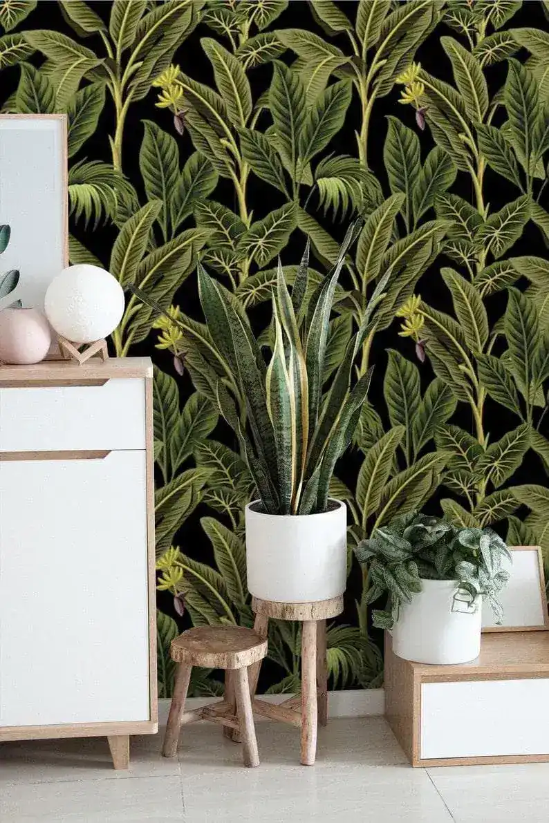Dark Tropical Banana and Palm Tree Watercolor Wallpaper - Image 3