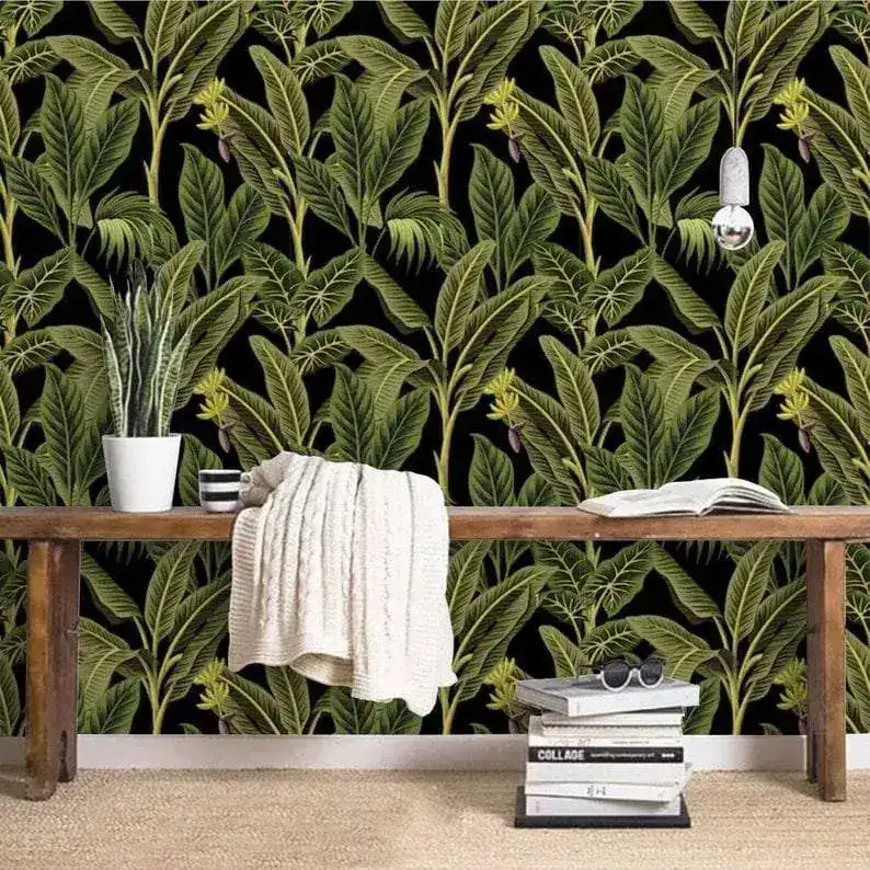Dark Tropical Banana and Palm Tree Watercolor Wallpaper - Image 5