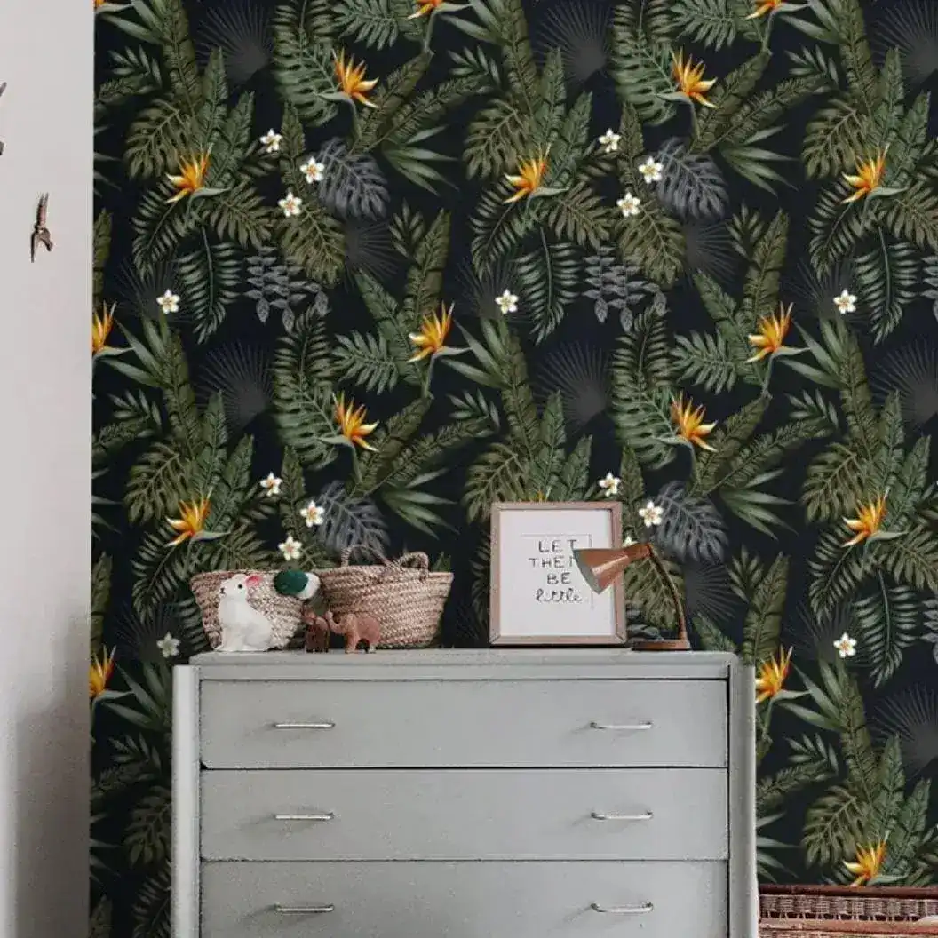 Dark Tropical Leaves and Flowers Wallpaper - Image 3