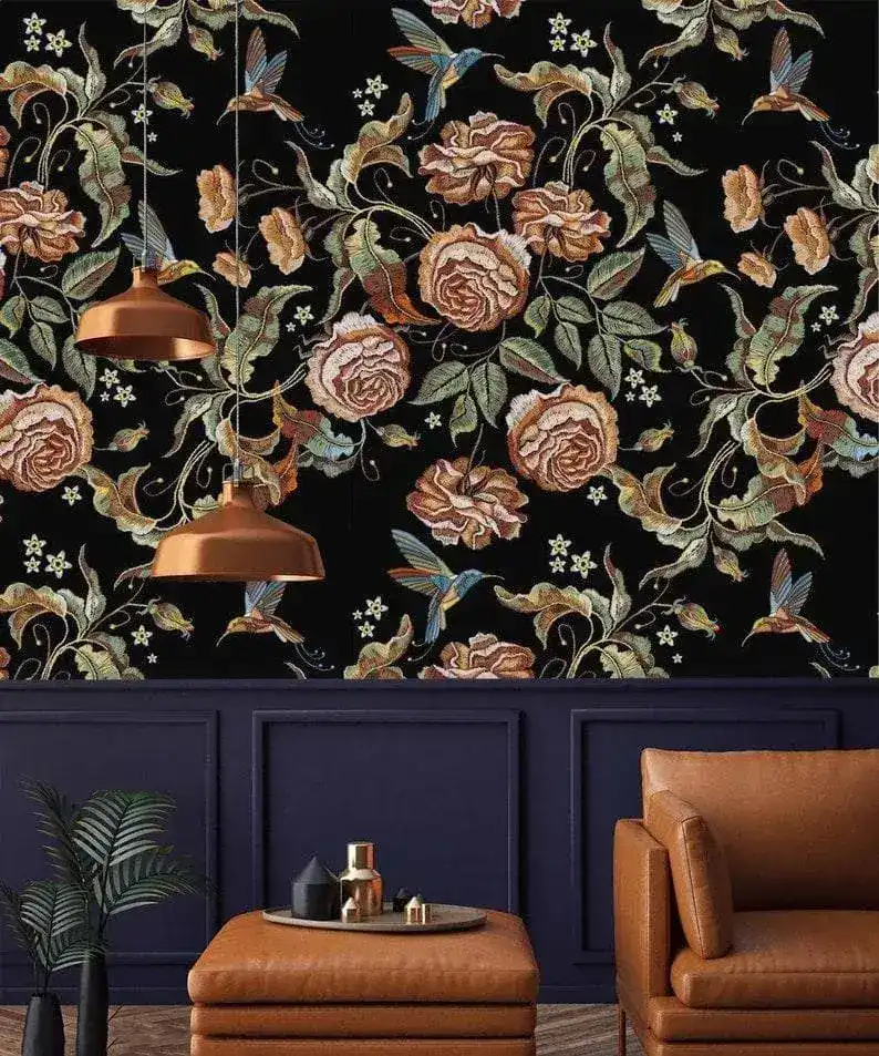 Dark Vintage Floral and Hummingbird Wallpaper - Image 6