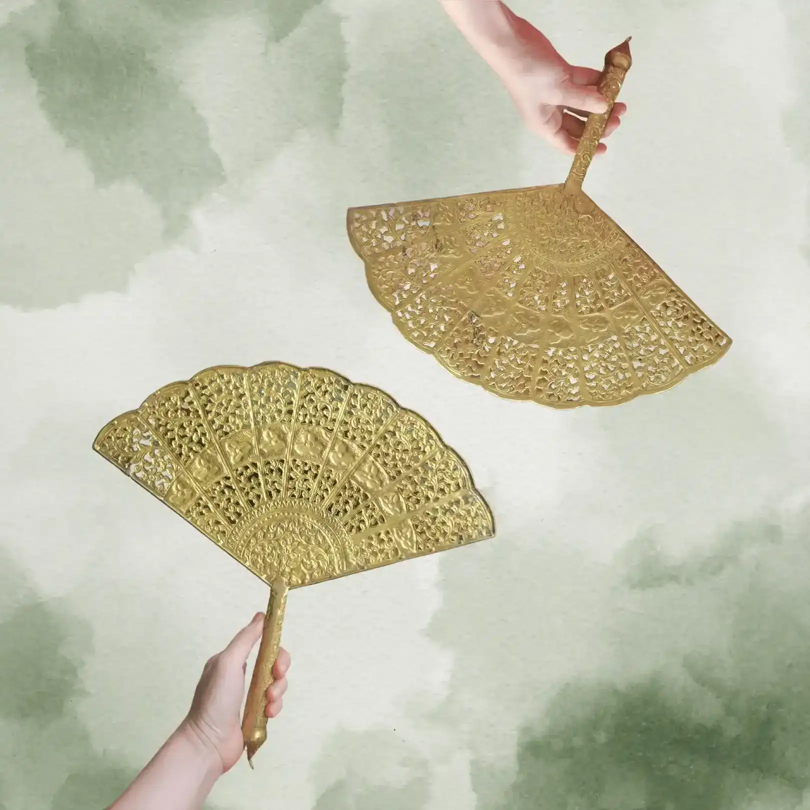 Decorative Flower Engraved Brass Fan - Image 2