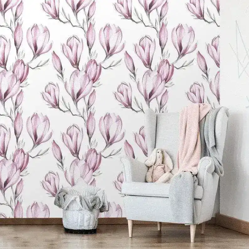 Delicate Pink Floral Watercolor White Wallpaper - Image 2